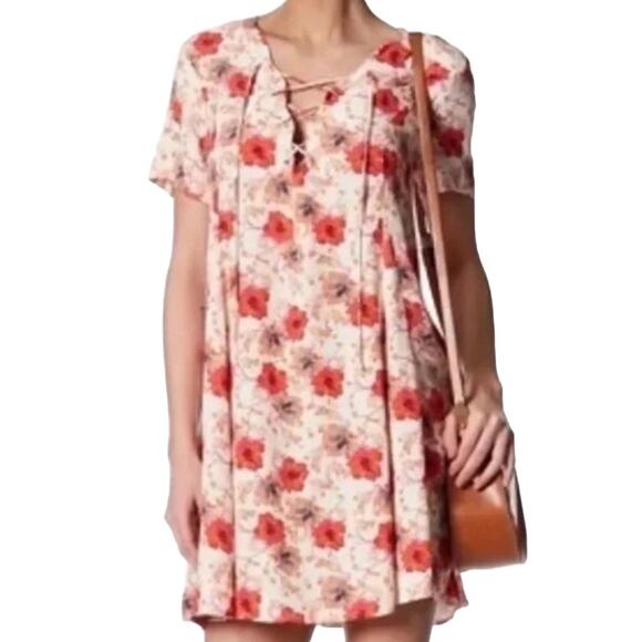 ASTR Floral Mini Dress Women L Hibiscus Lace Up Tropical Cottagecore Beachy Boho - Picture 1 of 8